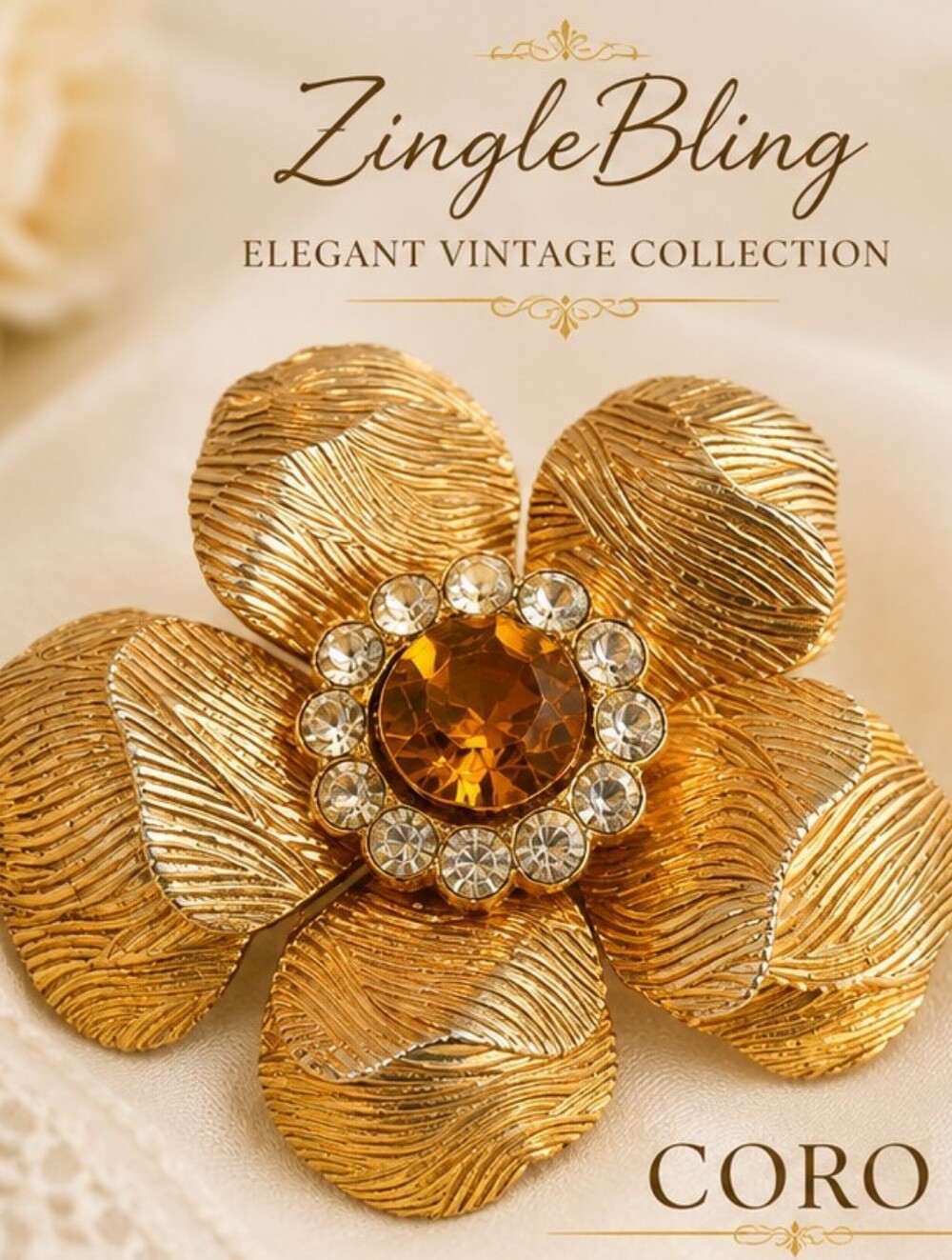 Vintage Coro Gold Tone Flower Brooch Amber Rhinestone Clear Crystal Floral Pin
